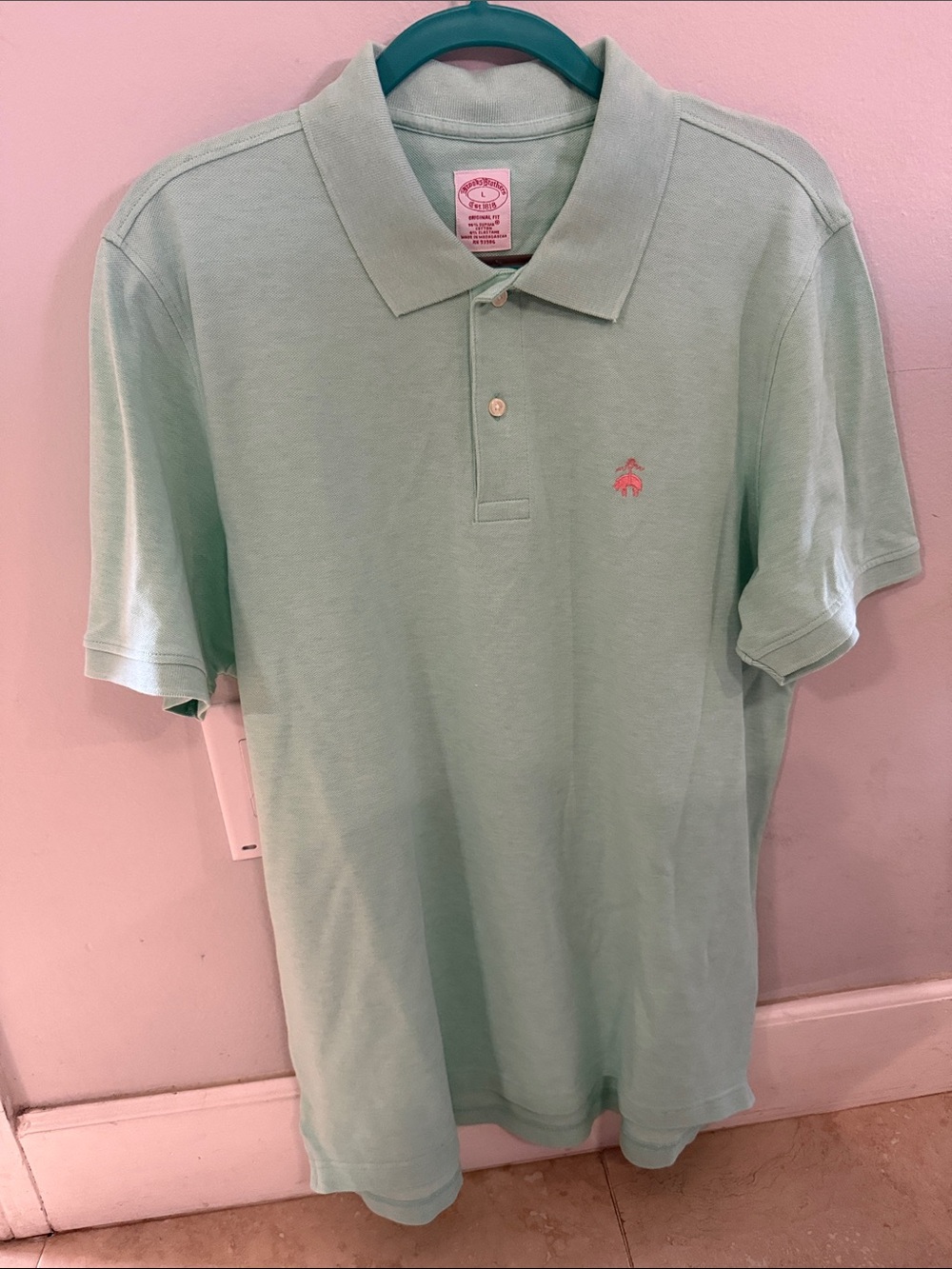 Brooks Brothers Mint Green Polo with Pink Logo